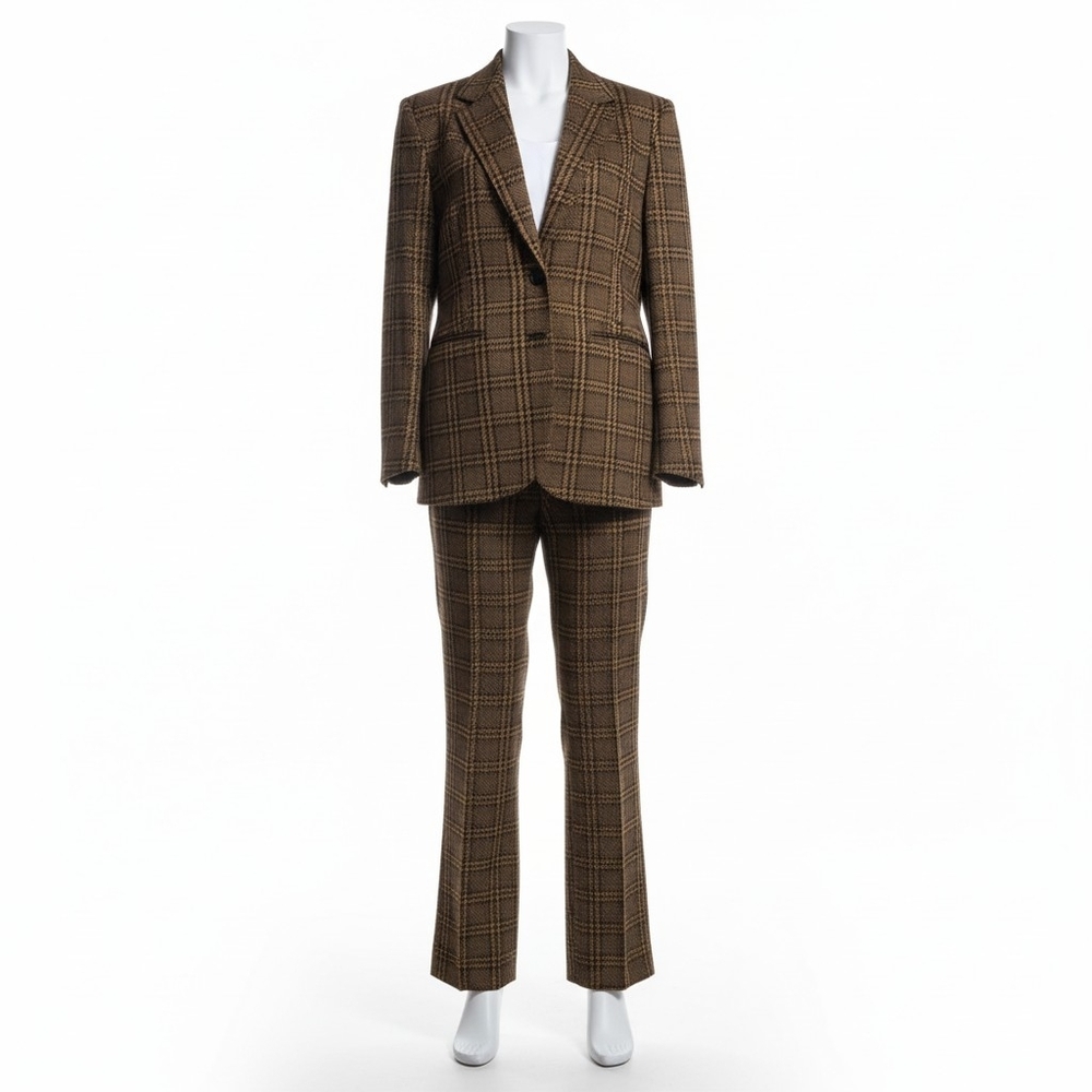 Ichi Brown Plaid Matching Blazer & Pants Set Chic Office Outfit New